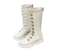 Hohe Stiefel für Mädchen, Kunstleder, mit Knöpfen, elegant, hohe Stiefel für Kinder, runde Spitze, weich, flach, Reißverschluss, bequem, leicht, Herbst und Winter, weiß, 39 EU