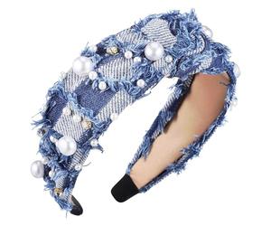 Hohopeti Stirnband Strass mit Knoten Jeans Haarband für Damen Elastisch und Bequem Modisches Blaues Haarband für Party und Verschiedene Anlässe
