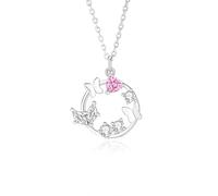 Hoisy 14K 585 Weißgold Kette Damen Anhänger, Hohl Kreis und Schmetterling mit Kreierter Rosa Saphir und Moissanit, Halsketten für Frauen Silber Rosa