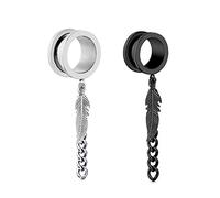 Hoisy 2 Stück 12mm(1/2 inch) Ohr Plug, Rund mit Kette und Blatt Plug Ohrstecker, Edelstahl Tunnel Dehner Schwarz Silber