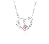 Hoisy Halskette Damen 18 Karat 750 Weißgold für Anhänger, Herz Schmetterling Kranz mit Kreierter Rosa Saphir und Moissanit, Frauen Halskette Silber Rosa