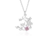 Hoisy Kette Damen 9 Karat 375 Weißgold Anhänger, Blatt und Schmetterling mit Kreierter Rosa Saphir und Moissanit, Silber Rosa Halskette mit Anhänger
