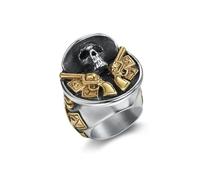 Hokech Schwerer Stahl/Gold Retro Cowboy Double Gun Totenkopf Ring für Männer Punk Edelstahl Schädel Biker Ring Cool Männlich Hip Hop Schmuck Geschenk