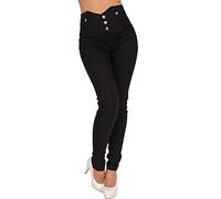 Holala Stretch Hose Damen Tregging Legging High Waist Anker Knöpfe (S-M, Schwarz)