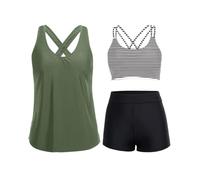 Holipick 3-teiliger Tankini-Badeanzug für Damen, Bauchkontrolle, Badeanzug, Tanktop mit BH, Jungen-Shorts, Teenager-Bademode, Grün / Schwarz gestreift, XX-Large