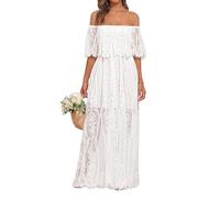 Holipick Damen Schulterfreies Maxikleid aus Spitze, Boho, Hochzeit, Gast, Brautjungfer, Strand, formelles langes Kleid, Weiss/opulenter Garten, X-Groß