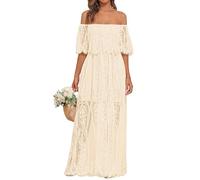 Holipick Damen Schulterfreies Maxikleid aus Spitze, Boho, Hochzeit, Gast, Brautjungfer, Strand, formelles langes Kleid, Beige, X-Groß