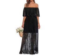 Holipick Damen Schulterfreies Maxikleid aus Spitze, Boho, Hochzeit, Gast, Brautjungfer, Strand, formelles langes Kleid, Schwarz, X-Groß