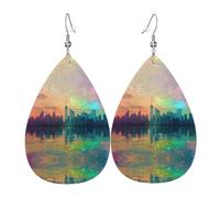 Holografische Neon-Stadt-bedruckte tropfenförmige Leder-Ohrringe | High-End-Design, leichte Luxus-Ohrringe