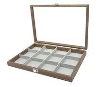 Holz Schmucklade 12 Fächer für Schmuck Ringe Ohrringe Halsketten Armbänder Schmuckkoffer Schmuckkasten Schmuckbox Aufbewahrung Schmuckdisplay Deckel aus Echtglas Schmuckschatulle