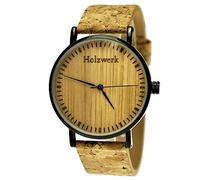 Holzwerk Germany Handgefertigte Flache Designer Unisex Herren-Uhr Damen-Uhr Öko Natur Vegan Holz-Uhr Armband-Uhr Analog Klassisch Quarz-Uhr Kork Armband Holz Ziffernblatt Schwarz (Braun-Kork.)