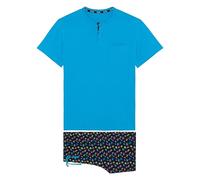 HOM Herren Pyjama Court California Pyjamaset, Oberteil: einfarbig, blau, unten: Kaktus-Druck, Mehrfarbig, Marineblau, XL