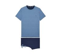 HOM Herren Pyjama Court Martinez Set, Oberteil: Abstraktes Schuppenmuster In Blau, Marine Und Weiß, Hose: Unifarben Marineblau, XXL EU