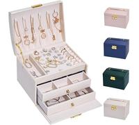 hombrima Schmuckschatulle, abschließbar, Schmuckschatulle für Damen, mit 2 Schubladen und 3 Ebenen, Aufbewahrung für Uhren, Halsketten, Ringe, Armbänder, Geschenkideen (Groß-Weiß)