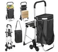 HOMCOM 3-in-1 Einkaufstrolley Klappbar mit Sitz 40L Kapazität Duneklgrau | Trolley Bis 25kg Belastbar, Einkaufswagen, Sackkarre, Umhängetasche, Treppensteiger