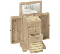 HOMCOM Schmuckkästchen Holz Schmuckschatulle mit 4 Ebenen Schmuckkasten mit Spiegel, Schubladen und seitlichen Klapptüren, Schmuckbox für Ringe, Ohrringe Braun