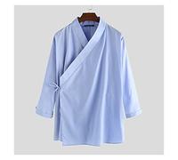 Homeilteds Chinesische Stil Männer Hemd Massivfarbe Langarm Lace Up Stehkragen Männer Hemden Casual (Color : Blue Shirt, Size : S.)