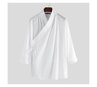 Homeilteds Chinesische Stil Männer Hemd Massivfarbe Langarm Lace Up Stehkragen Männer Hemden Casual (Color : White Shirt, Size : S.)