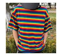 Homeilteds Sommer-Baumwoll-T-Shirt Frauen Gestreiftes T-Shirt Regenbogen-Hemd Weibliche Lose Top Shirts In Übergrößen Comfortable (Color : Short Sleeve, Size : M.)