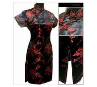 Homeilteds Traditionelle Chinesische Kleid Frauen Satin Qipao MiniCheongsam Blume Qipao Comfortable (Color : Black Red, Size : M.)