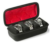 AMZSAFE Homes Hartes Uhren-Rollen-Reiseetui für 3 Uhren, Aufbewahrungs-Organizer und Display mit innovativem Uhrenkissen (schwarz mit rotem Futter, 3 Fächern)