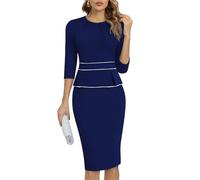 HOMEYEE Damen Vintage 3/4 Ärmel Rundhals Business Bleistiftkleid Bodycon Cocktail Etuikleid B980 (XL, Dunkelblau)