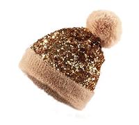 Homiton Damen Pailletten-Strickmütze mit Kunstfell-Pom-Pom-Pom Glänzend Bling Skull Cap, Gold, Medium