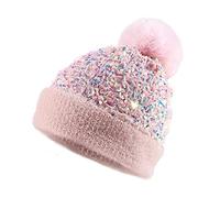 Homiton Damen Pailletten-Strickmütze mit Kunstfell-Pom-Pom-Pom Glänzend Bling Skull Cap, Rose, Medium