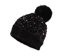Homiton Damen Pailletten-Strickmütze mit Kunstfell-Pom-Pom-Pom Glänzend Bling Skull Cap, Schwarz-Paillette, Medium