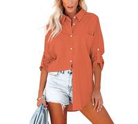 Homlan Bluse Damen Baumwolle Langarm Roll Up Elegant Oberteile Lässige Hemden Knöpfleiste Einfarbig Langarmshirt Tunika Hemdbluse Mit Brusttaschen