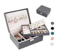 Homtibrm Schmuckkasten, Schmuckkästchen mit 2 Ebenen, PU-Leder Schmuckbox Schmuckschatulle Groß Schmuck Organizer für Ringe Ohrringe Armbänder Halsketten, Grau