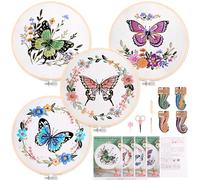 Homwiz 4 Sticken Set Erwachsene, Stickset für Anfänger Blumenmuster Pflanzen Embroidery Kit mit 2 Bambus Stickrahmen Farbfäden Anleitung, Stickerei Set für DIY Kunst Handwerk (Schmetterlingsminne)