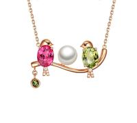 Homxi 9 Karat Rose Gold Necklaces Pendant for Women, Birds and Pearl with Tourmaline and Diamond, Chains Necklace Rose Gold for Women