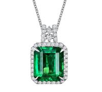 Homxi 9 Karat White Gold and Necklace for Women, Rectangle with 1.1ct Emerald and Diamond, Silver Green Necklace Women for Engagement