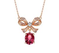 Homxi 9K Rose Gold Necklace Chain Women, Bowknot and Oval with 1.24ct Rubellite Tourmaline and Diamond, Women's Rose Gold Chain Necklace