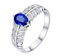 Homxi Damen Eheringe 585 Weißgold, Blattzweig und Oval mit Saphir 0,36 Karat und Diamant, Blau Silber Verlobungsring Ehering Damen Ring, Größe 49 (15.6)