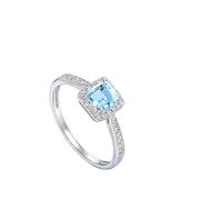 Homxi Damen Eheringe Ringe Weißgold 9 Karat, Quadrat mit Aquamarin 0,6 Karat und Diamant 0,16 Karat, Hochzeitsringe Damen Hellblau Silber Ring, Größe 52 (16.6)