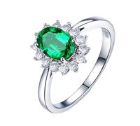 Homxi Damen Eheringe Weißgoldring 585, Blume und 4 Zinken Oval mit Smaragd 0,64 Karat und Diamant, Silber Grün Verlobung Ringe Damen, Größe 51 (16.2)
