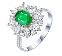 Homxi Damen Hochzeitsringe Weißgoldring 14K, Blume und 4 Zinken Oval mit Smaragd 0,94 Karat und Diamant, Silber Grün Damen Ring Eheringe Verlobungsringe, Größe 65 (20.7)