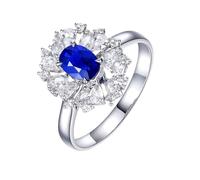 Homxi Damen Trauringe Ring 18 Karat 750 Weißgold, Blume und Oval mit Saphir 0,72 Karat und Diamant, Damen Ring Eheringe Verlobungsringe Blau Silber, Größe 53 (16.9)