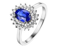 Homxi Damen Verlobungsring Bandring 585 Weißgold, Blume und Oval mit Erstellter Saphir 0,6 Karat und Moissanit, Damen Ringe Eheringe und Verlobungsringe Blau Silber Größe 52 (16.6)