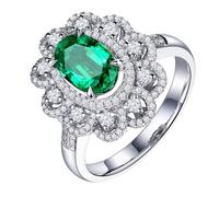 Homxi Damen Verlobungsring Ringe Weißgold 9K, Blume und 4 Zinken Oval mit Smaragd 1,5 Karat und Diamant, Damen Verlobung Ringe Silber Grün, Größe 61 (19.4)