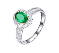Homxi Damen Verlobungsring Weißgoldring 585, 4 Zinken Oval mit Smaragd 0,75 Karat und Diamant, Verlobungsringe Damen Ring Silber Grün, Größe 65 (20.7)