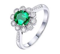 Homxi Damen Verlobungsringe 750 Weißgold Trauringe, Blume und 4 Zinken Oval mit Smaragd 1,2 Karat und Diamant, Damen Verlobungsringe Silber Grün, Größe 54 (17.2)