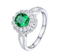 Homxi Eheringe Damen Ring 585 Weißgold, Blume und Oval mit Smaragd 1,5 Karat und Diamant, Silber Grün Verlobungsringe Damen Ringe, Gr. 53 (16.9)