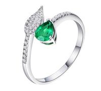 Homxi Eheringe Damen Ringe 14 Karat Weißgold, Wassertropfen mit Smaragd 0,6 Karat und Diamant, Eheringe Verlobungsringe Damen Ring Silber Grün, Gr. 54 (17.2)