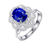 Homxi Eheringe Damenring 950 Platin, Blume und 4 Zinken Oval mit Saphir 3,02 Karat und Diamant, Blau Silber Verlobungsringe Eheringe Damen Ringe, Gr. 56 (17.8)