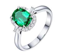 Homxi Eheringe Weißgold Damenring 9K, 4 Zinken Oval mit Smaragd 1,6 Karat und Diamant, Silber Grün Verlobungsringe Eheringe Damen Ring, Größe 56 (17.8)