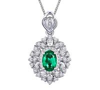 Homxi Pendant Necklace for Women 14 Kt White Gold, Flower and Oval with 1.02ct Emerald and Diamond, Women's Silver Green Pendant Necklace
