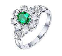 Homxi Trauring Damen Ring Weißgold 14K, Blume und 4 Zinken Oval mit Smaragd 0,72 Karat und Diamant, Frauen Silber Grün Verlobung Ring, Gr. 48 (15.3)